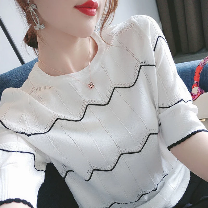 Ice Silk Summer Women\'s New Short-Sleeve Korean Versatile Stripe Printed Shirt Solid Color Round Neck Panel Hollow Leisure 2023