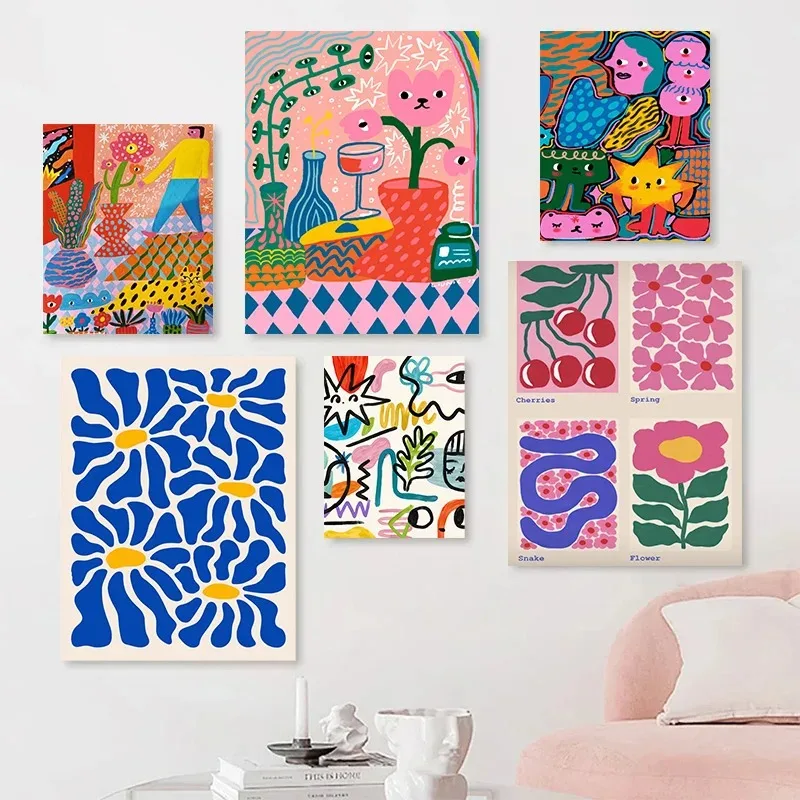 1PC frameless decorative art print,Abstract Colorful Graffiti Aesthetic Poster Cherry Flower Wall Art Canvas Painting Print Pict