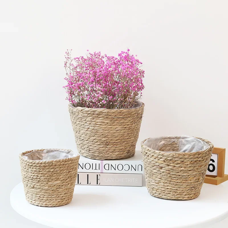 Straw Weaving Flower Plant Pot Wicker Basket Rattan Flowerpot Storage Baskets Garden Flowerpot Grass Woven Planter Basket