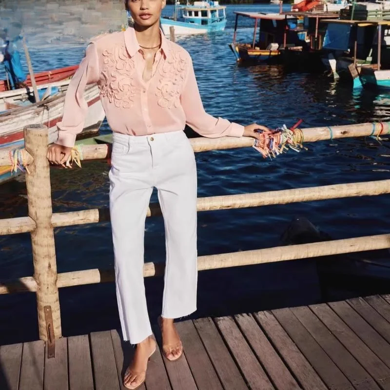 

Весна 2024, прямые джинсы с высокой талией, женские повседневные джинсовые брюки с металлическими пуговицами, несколько цветов, новое поступление