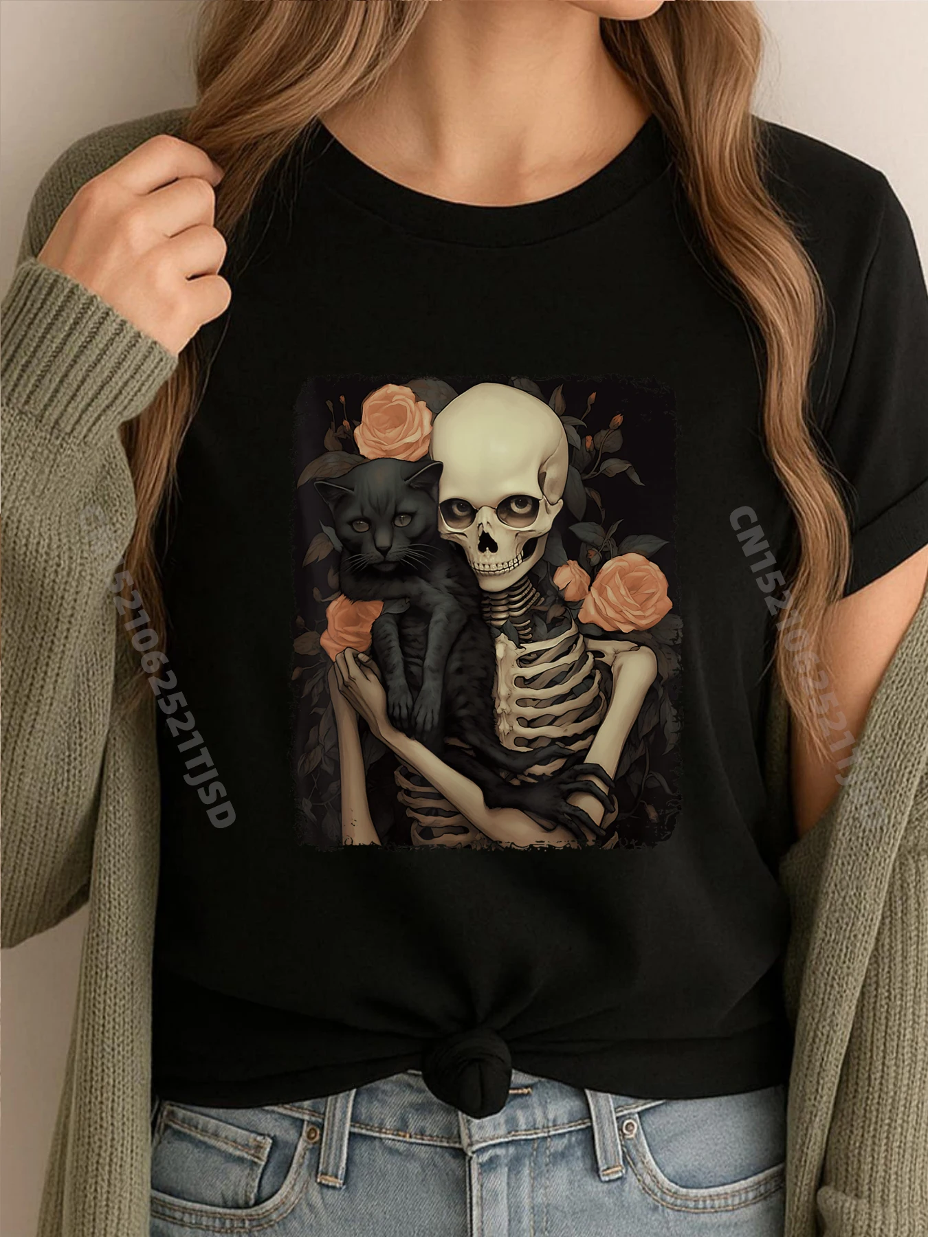 

Винтажный череп, скелет, кошка, цветок, готический Хэллоуин, забавные рубашки, мужская футболка на заказ, женская футболка