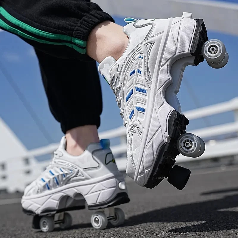 

Deformation Roller Skates Shoes Parkour Sports Shoes Kid Sneakers Women Men 4 Wheels Parkour Runaway Sneakers Skating Shoes