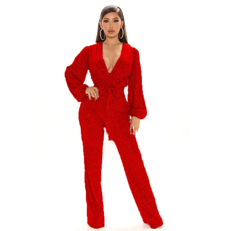 Long Sleeve Jumpsuit Women Sexy V Neck Sequins Casual Overalls Female High Waist Playsuit Elegant Ladies Party Wide Leg Romper