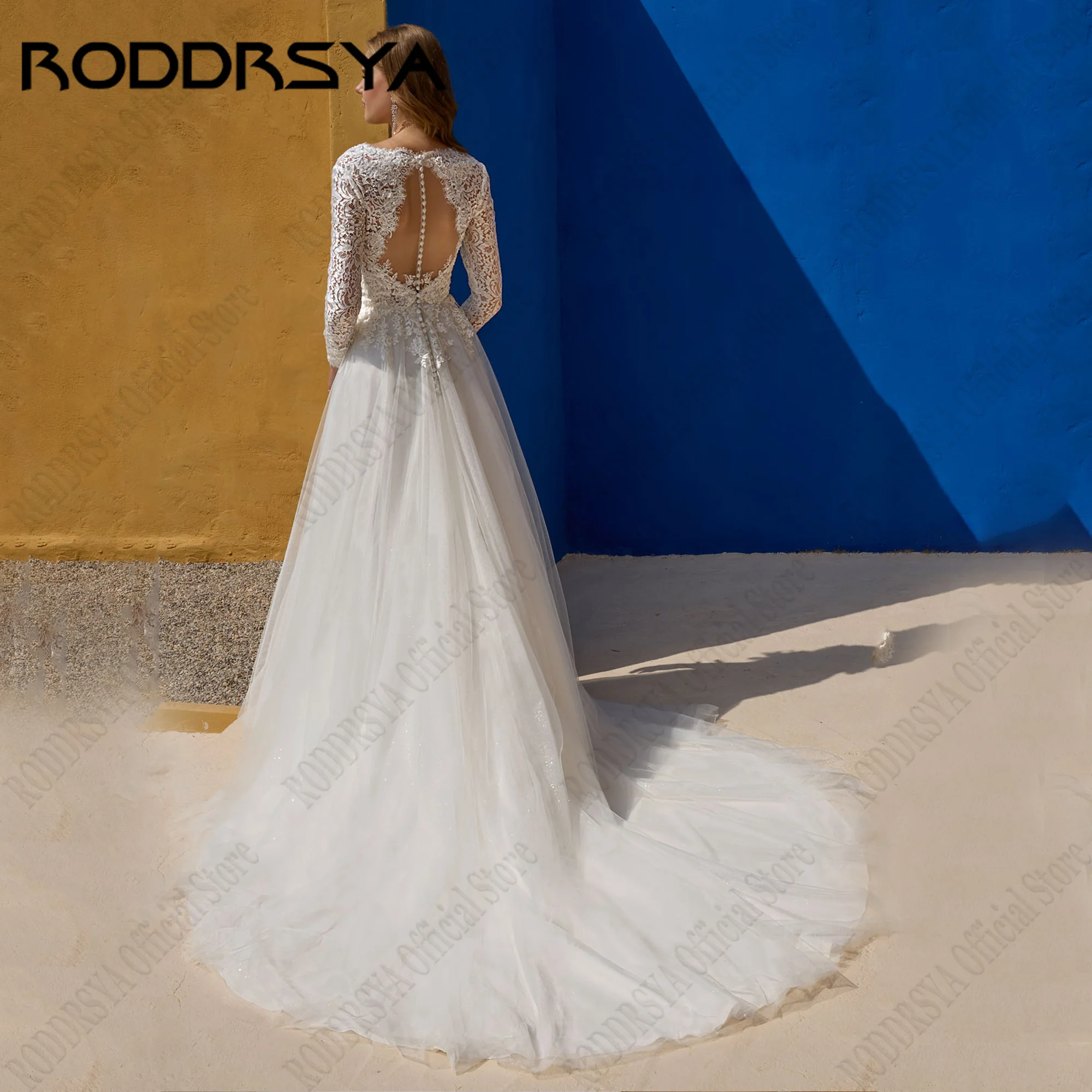 RODDRSYA abiti da sposa Vintage in pizzo con scollo a V con spacco laterale Applique abiti da sposa maniche lunghe abiti da sposa 2024 a-line senza schienaleRODRSYA Vintage Pizzo Abiti da sposa V Neck Side Split Appliq