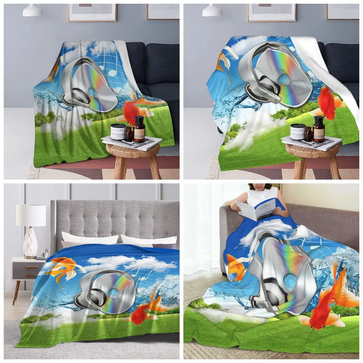 Frutiger Aero CD Listening To Music With Fish Blankets Soft Warm Flannel Throw Blanket Bedspread for Bed Travel Home Sofa