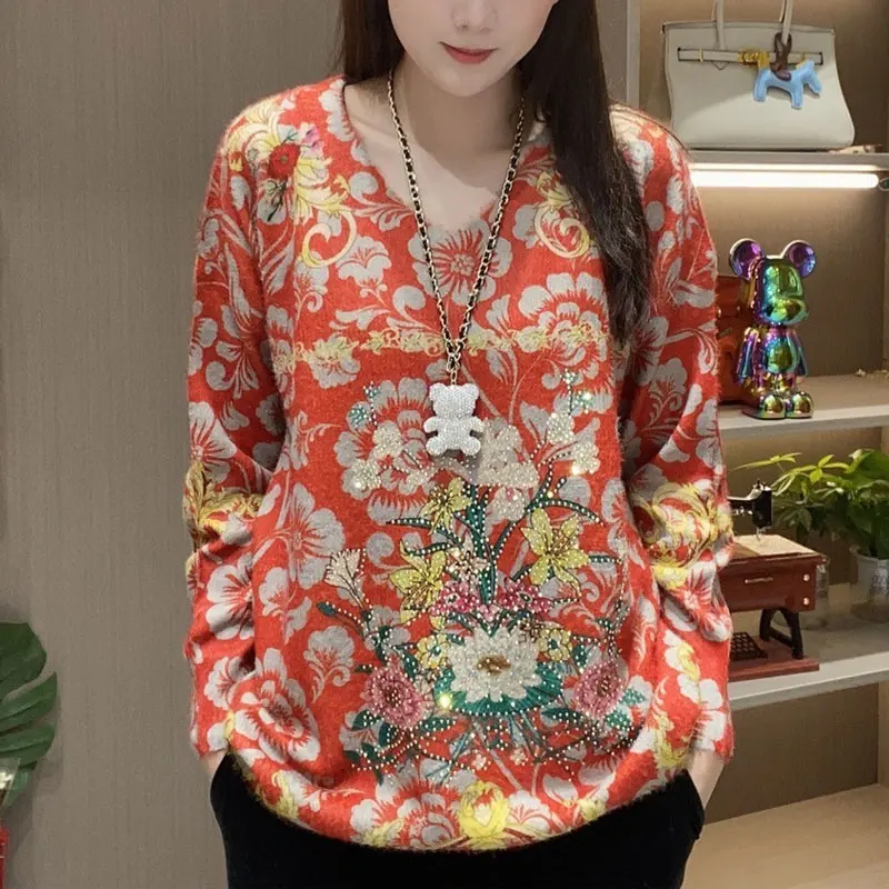 

Folk Flowers Printed Knitted Blouse Vintage Spring Autumn Loose Women's Clothing Long Sleeve Casual V-Neck Chic Diamonds Shirt