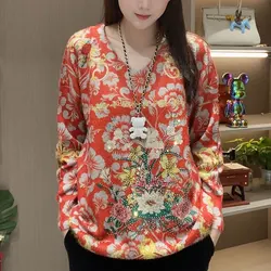 Folk Flowers Printed Knitted Blouse Vintage Spring Autumn Loose Women's Clothing Long Sleeve Casual V-Neck Chic Diamonds Shirt