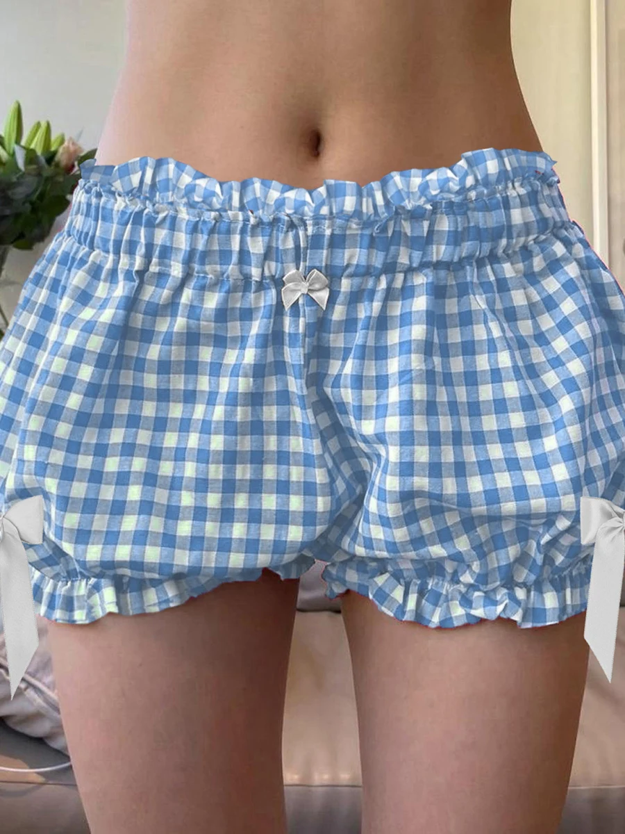 Women'S Solid Color/Checkered Shorts  Kawaii Y2K Elastic Waist Bow Casual Shorts Summer Casual Fashion Street Bloomer Shorts