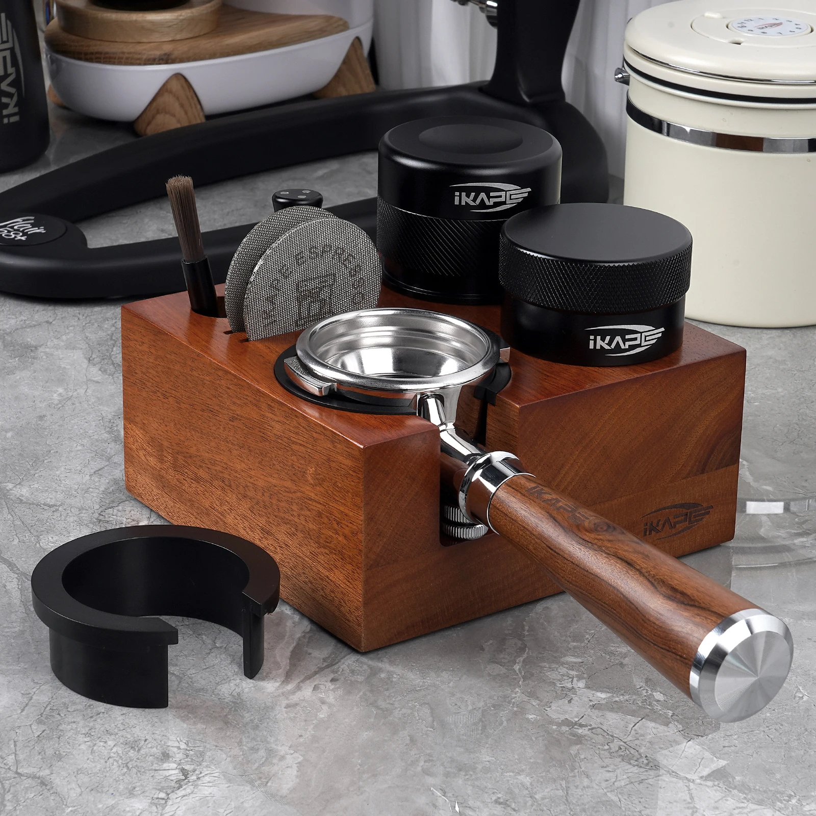 IKAPE Espresso Tamper Holder, Wooden Coffee Tamper Station Base Natural Walnut Espresso Tamp Mat Stand fit 51/54/58mm (7 in One)