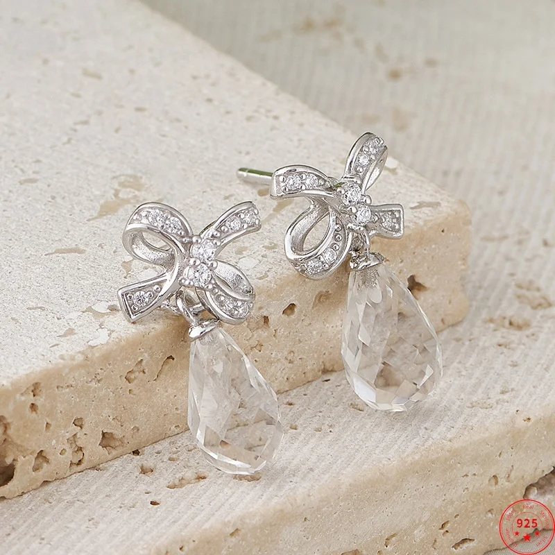 

S925 Sterling Silver Charms Studs Earrings for Women First Love Bow White Crystal Super Shinning Ear Studs Jewelry