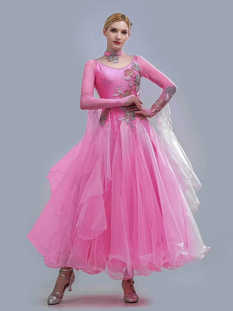 Women Pink Sequins Flying Yarn Ballroom Competition Dance Dress Viennese Waltz Dresses Clothes For Ballroom Dancing Rumba