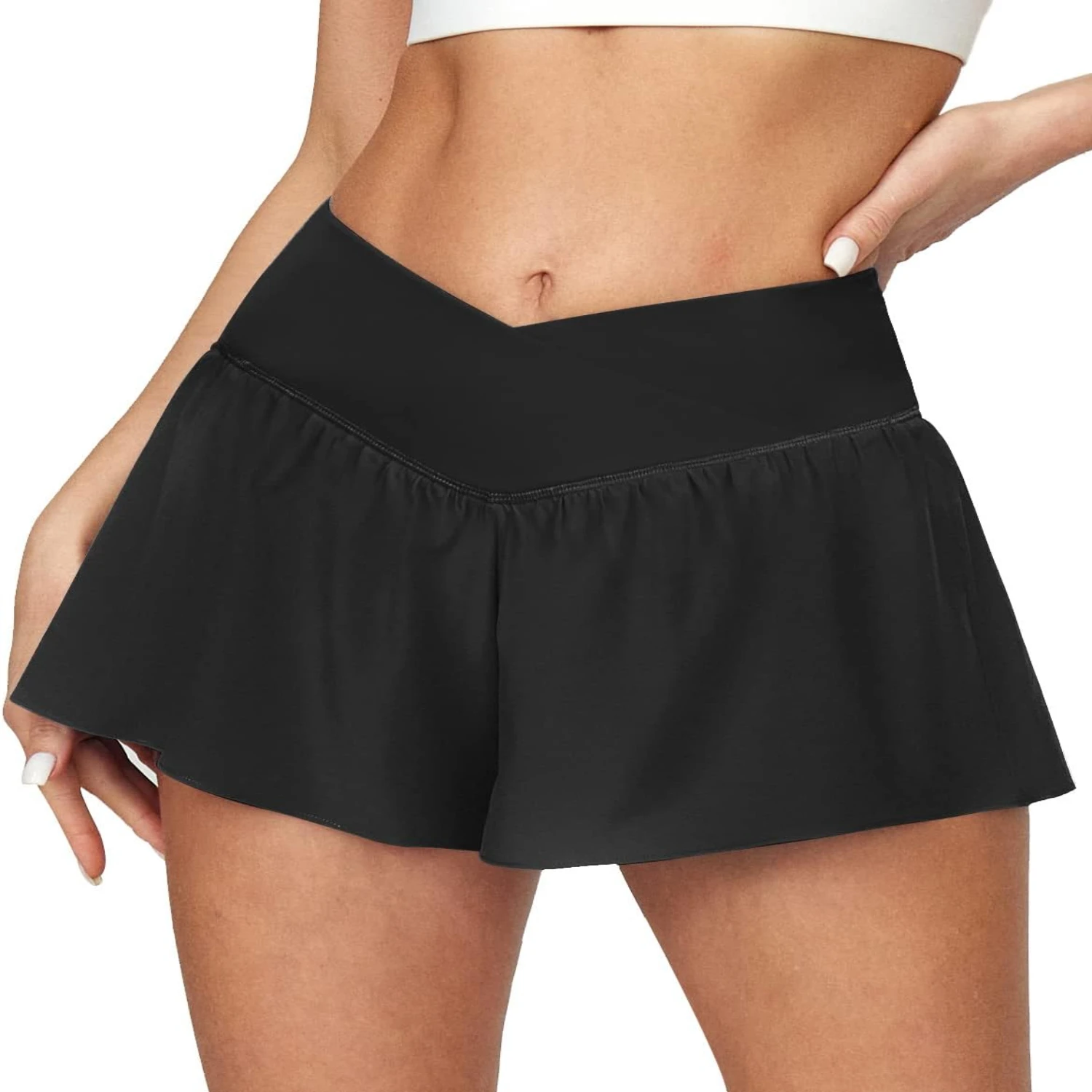 

High Waisted Crossover Flowy Athletic Shorts for Women - 2 in 1 Shorts with 3 Pockets - Stylish Running Shorts for Active Women