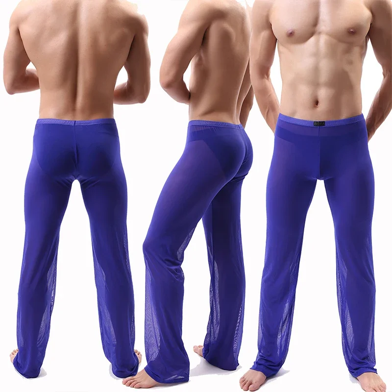 Pantalones transparentes para hombre, ropa de dormir, Sexy, transparente, de malla suelta