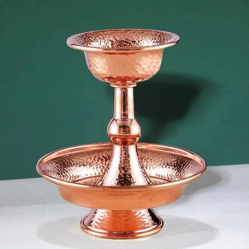 Buddhist Tribute Guardian Cup,Red Copper,Layer Two Handicraft Hammer Tibetan Buddhism Holy Water Plate,Desktop Decorative , 1Pcs