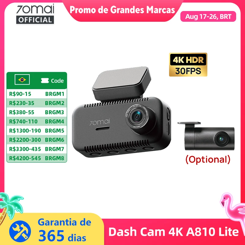 Câmera Veicular 70mai Dash Cam 4K A810 Lite 4K HDR F1.55 com GPS Integrado, Wi-Fi 6, Controle por Voz, 4G LTE e Controle Remoto
