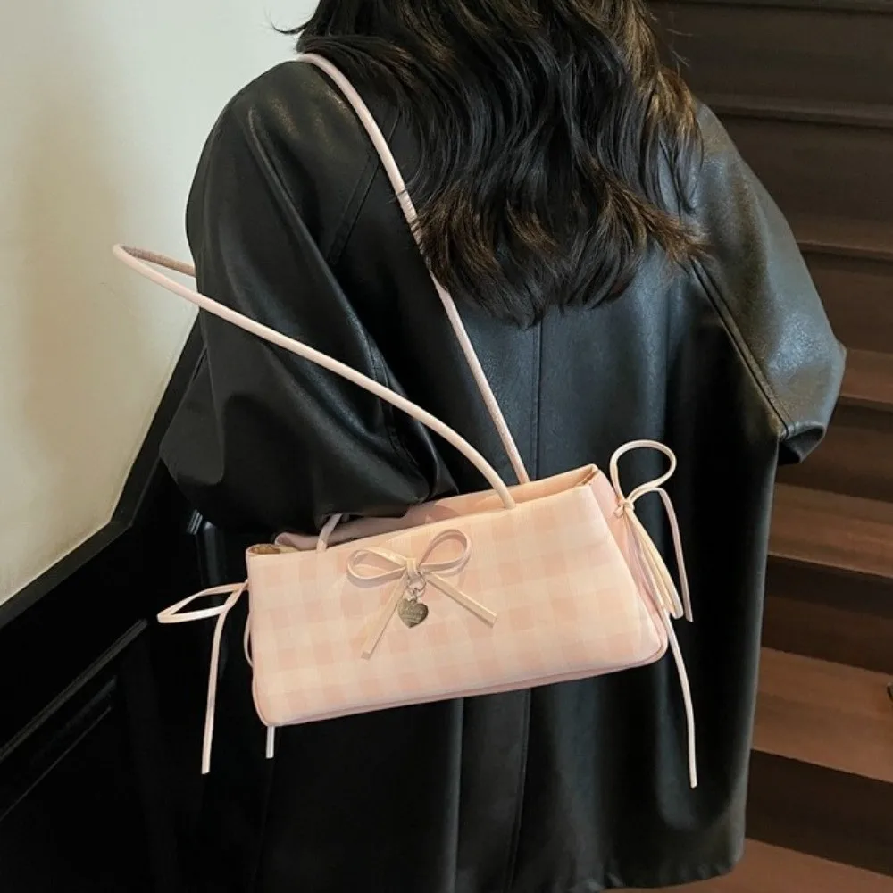 

Simple Plaid French Stick Handbag Y2K Korean Style PU Shoulder Bag Waterproof High Quality Bow Underarm Bags Girls