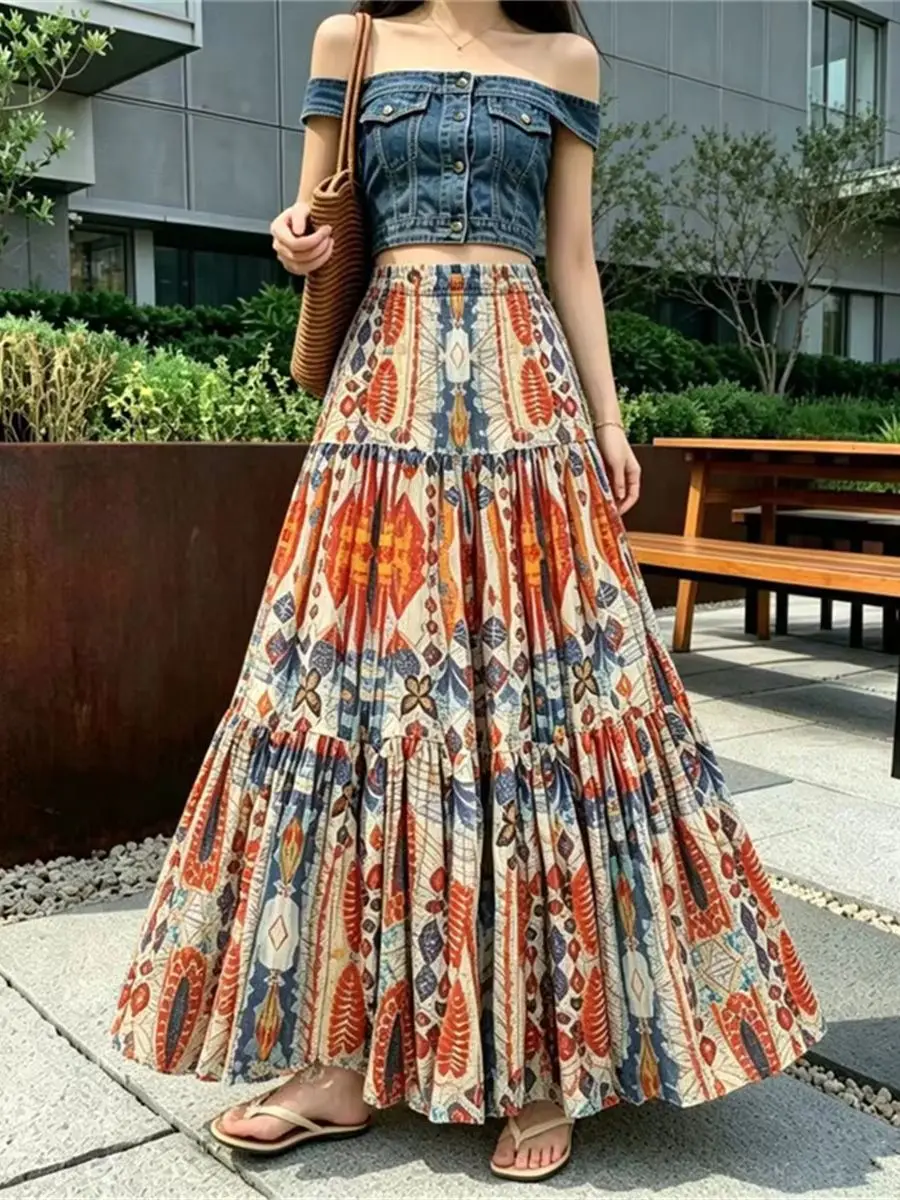 

2026 New Summer Bohemian Print Midi Skirt For Women Vintage Ethnic-Style Beach Vacation Big Swing A-Line Skirt