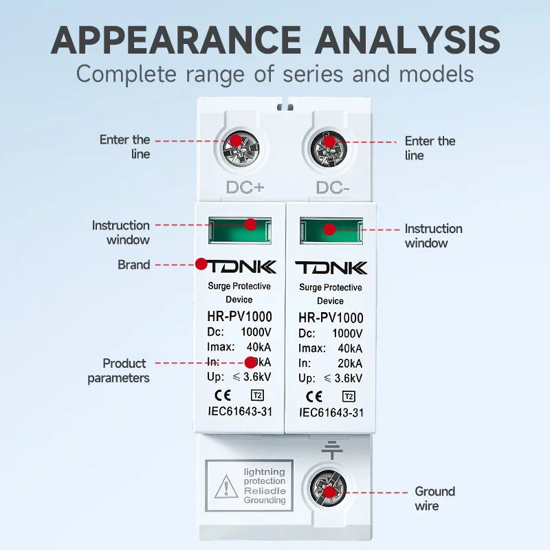 TDNK Surge Protective Device SPD DC 2P 500V-1000V 20KA-40KA  for Photovoltaic Solar System DIN-Rail Mounted Visual Indicator