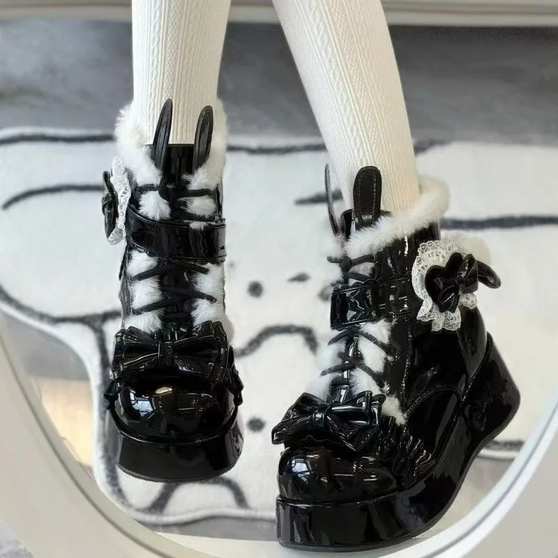 

Lovely Girls Lolita Winter Ankle Snow Boots,Plush Warm Hairball Bowknots Wedge Heel Heightening Platform Shoes