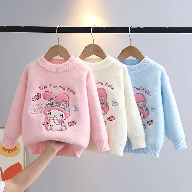 

Kawaii Sanrio Hello Kitty Kuromi Girls' Sweaters Autumn Winter Thick Children's Pullover Round Neck Knitted Sweater Girls Gifts