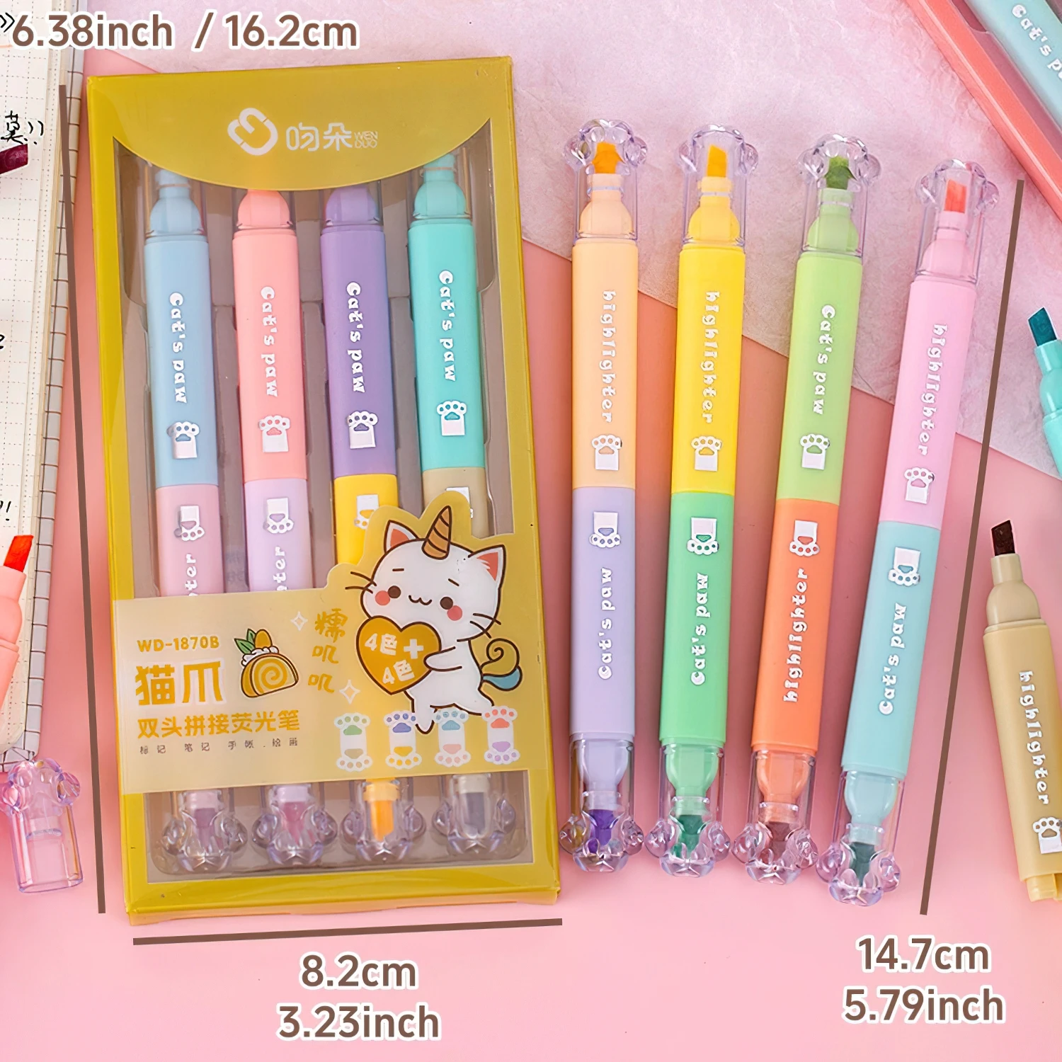 4pcs Cat PAW สี Highlighter MARKER ปากกาชุดการ์ตูน Kitties Dual-Side Writing Brush TIP สําหรับวาดภาพวาด F7716