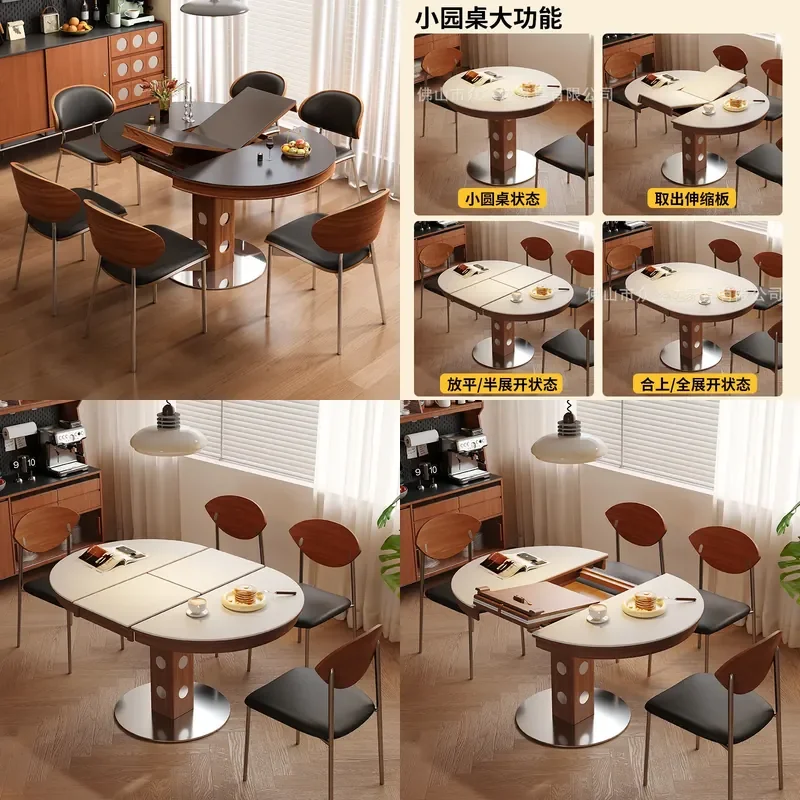 for Bauhaus Solid Wood Rock Slab Retractable Dining Table Oval Folding French Vintage Style Small Apartment Variable Round