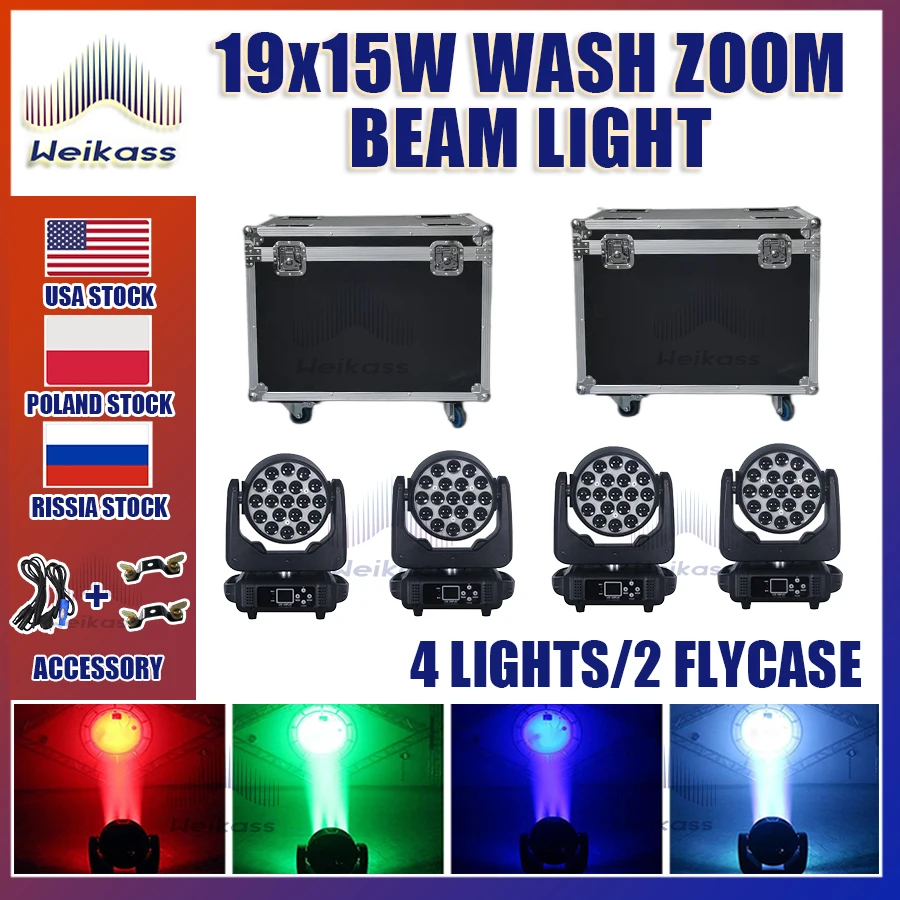 RGBW LED Moving Head Light, lavagem Zoom, Lyre Beam, Road Case, Stage Spot, 19 CTO AURA 3, DMX512, 0 Tax, 4pcs