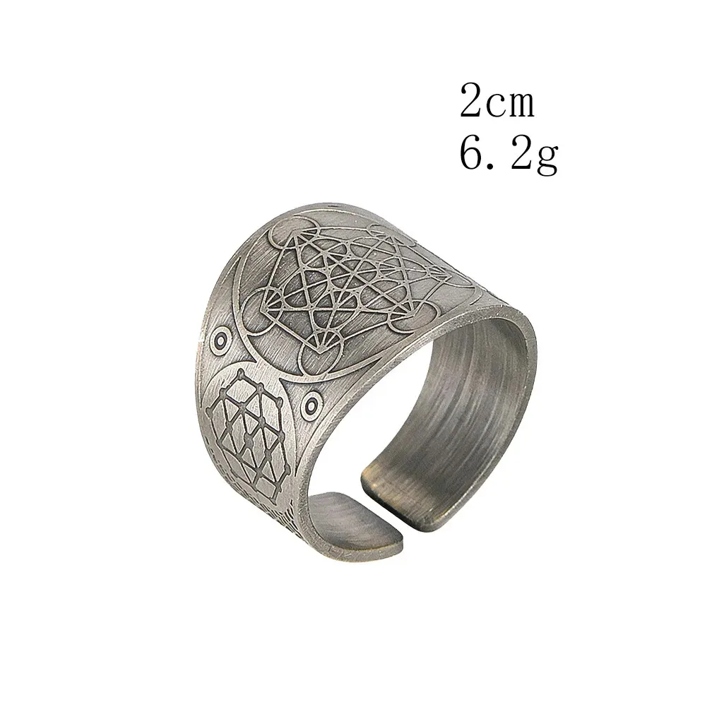 Metal Adjustable Open-ended Ring Golden Silver Engraving Metatron Hexagram Geometry Pattern Vintage Neutral Fashion Jewelry Gift