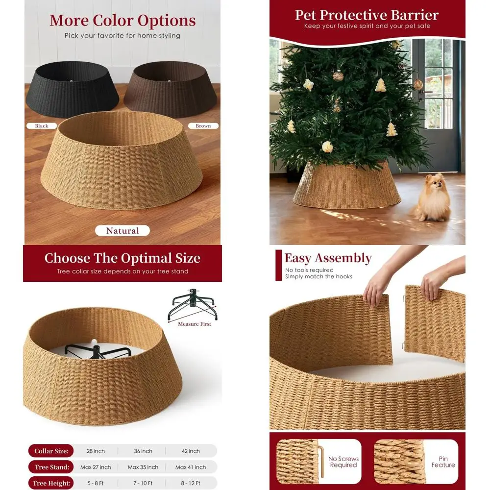 Collar grande de mimbre para árbol de Navidad, cesta de ratán hecha a mano para árboles de 9-12 pies (natural)