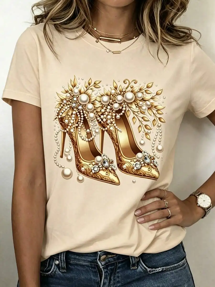 Women's Summer Casual T-Shirt, 100% Cotton Loose Fit Round Neck Short Sleeve Tee, Elegant Shiny Golden & Blue Crystal Print For Daily & Party