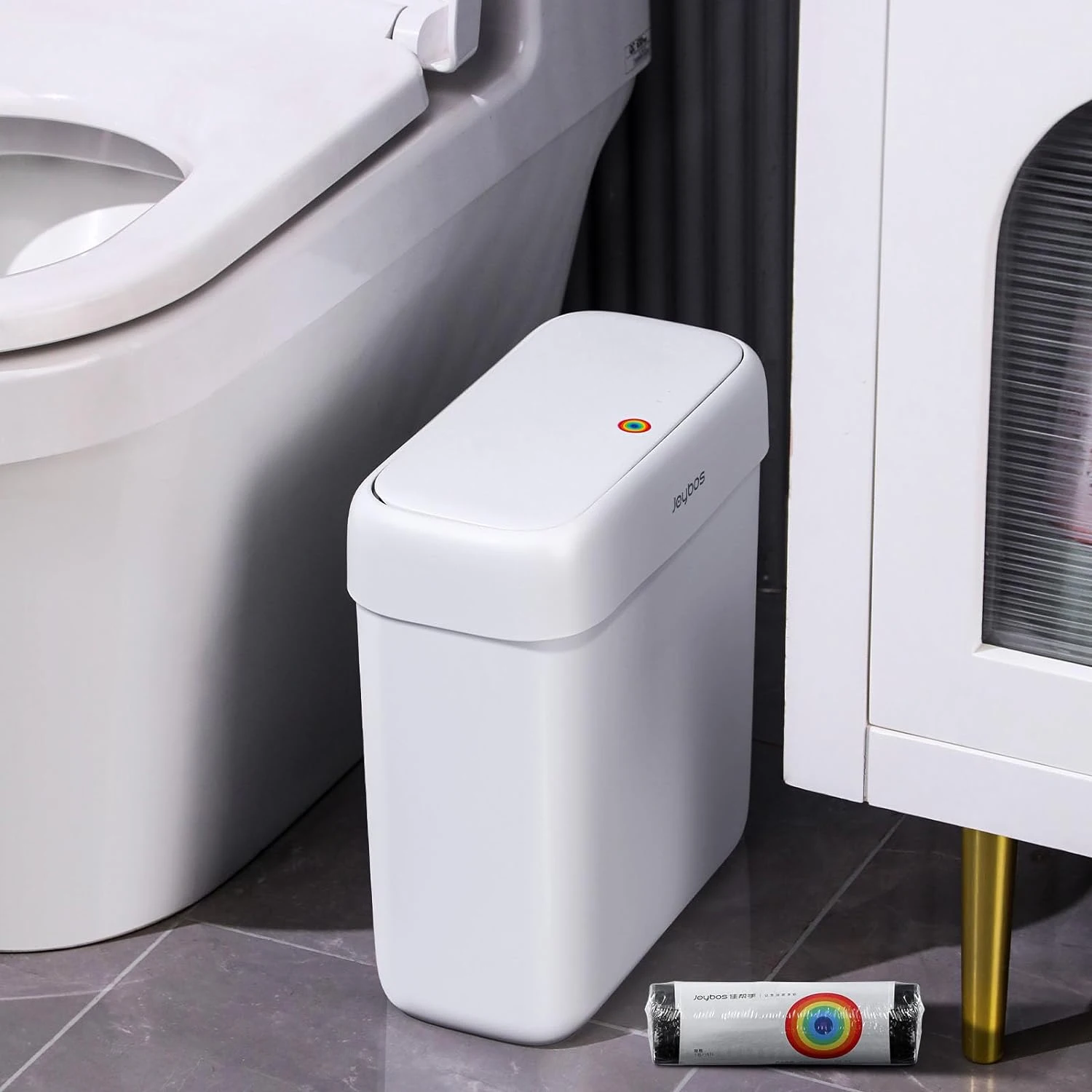 Bathroom Trash Can with Lid,Small Garbage Can Top Lid,Slim Plastic Narrow Trash Bin with Pop-up Lid for Toilet,Office,Bedroom