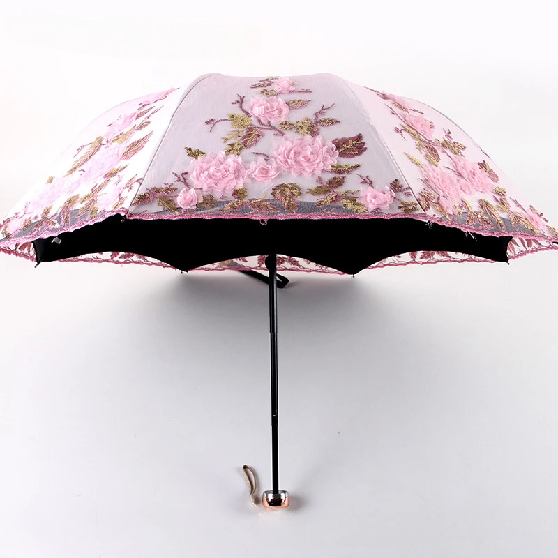 Triple Fold Double-layer Embroidered Anti UV Sunshade Umbrella Lace Embroidered Umbrella Suitable for Both Rain and Sunshine