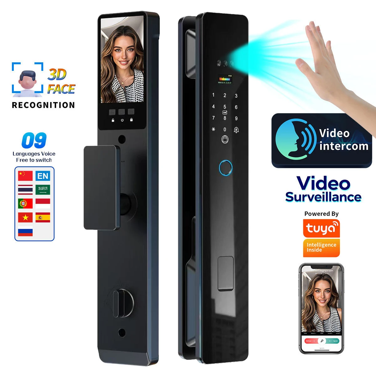 2026 Tuya Palm Smart Door Lock Rfid IC Card Wifi Camera Video Call Security Door Lock Front Door Electric Fingerprint Lock