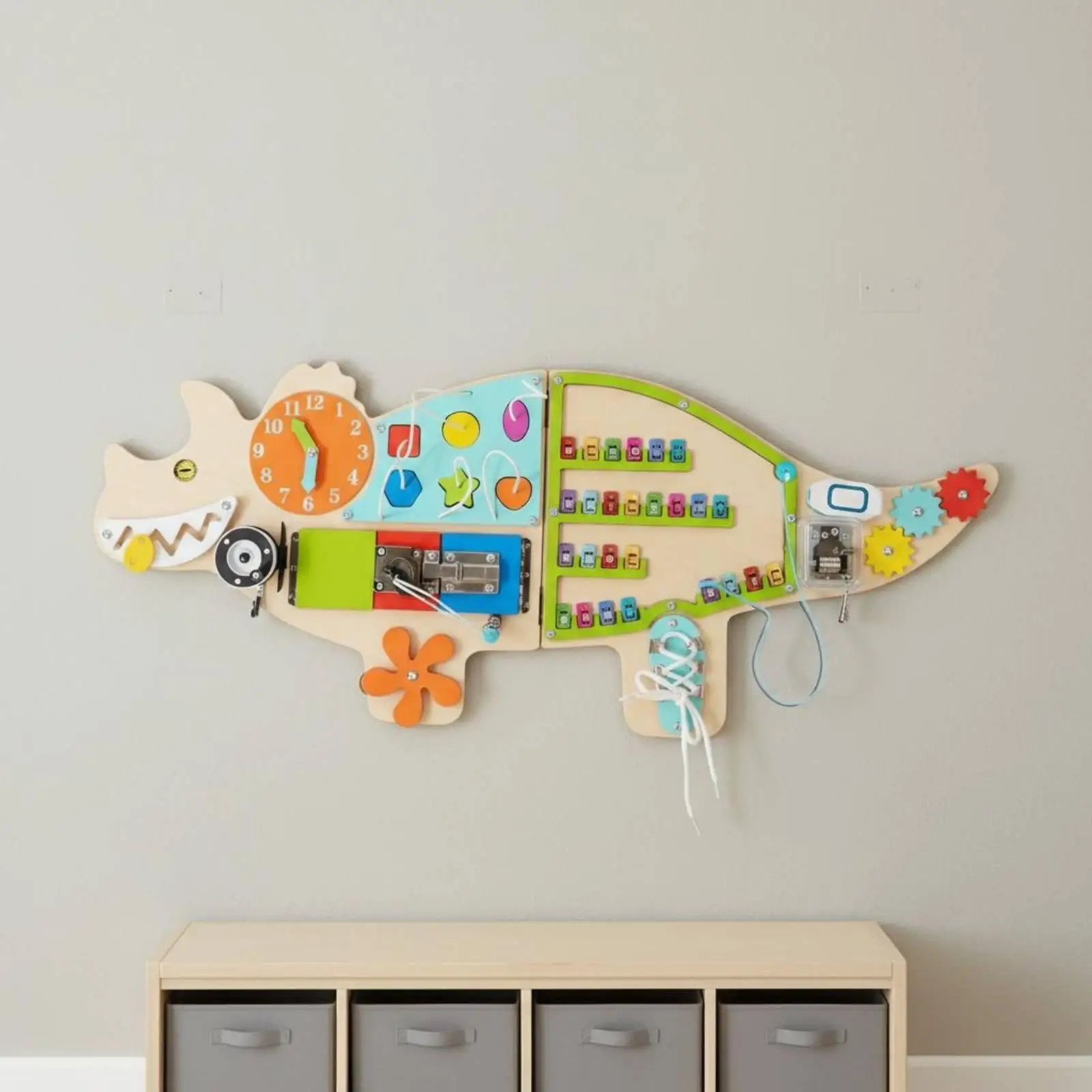 Wooden Wall Mounted Activity Panel Early Education Young Child Learning Board Multi-Functional Dinosaur Busy Board for