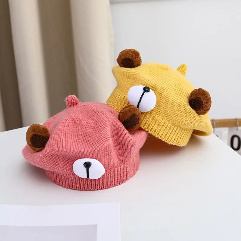 Cute Bear Baby Knit Beret Hat Autumn Winter Thick Crochet Warm Beanie Beret Princess Baby Girls Artist Painter Cap