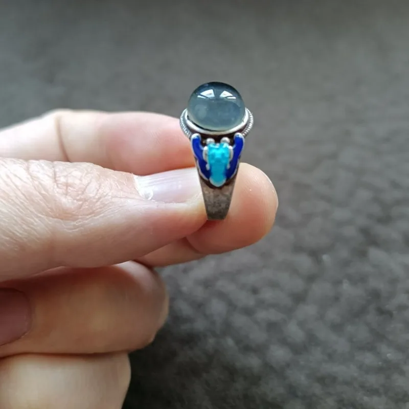 Vintage Collectible Tibetan Old Patina Cloisonne Ring, Inlaid Color Changing Stone, Antique Style Unisex Band Ring for Men Women