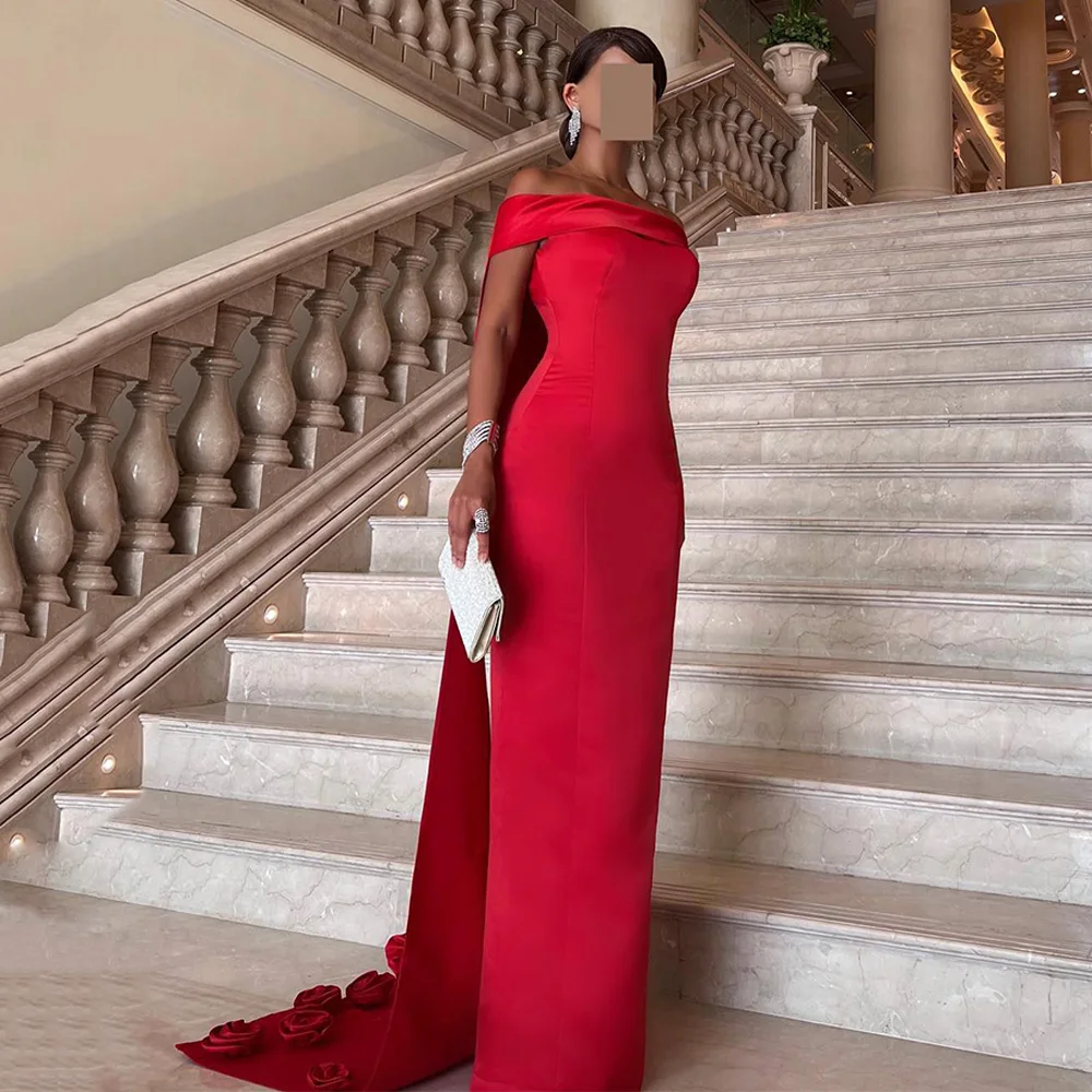 

Red Satin Evening Dress Customized Boat Neck Straight Arabian Party Gown with Flowers Cape Formal Occasion Dresses Pageant