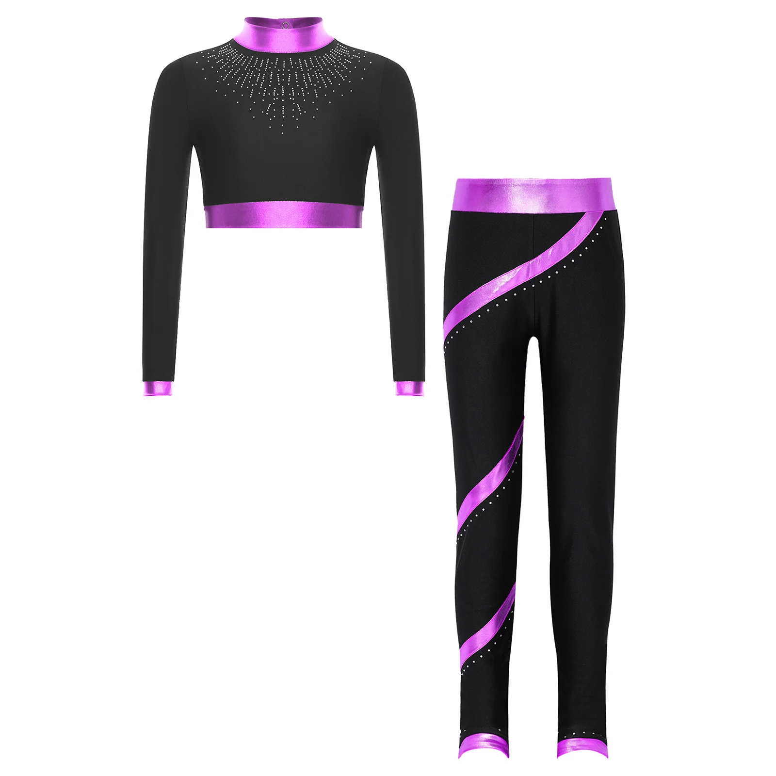 Kids Girls Figure Skating Dance Gymnastics Performance Costume Metallic Long Sleeves Rhinestones Crop Top with Pants Dancewear