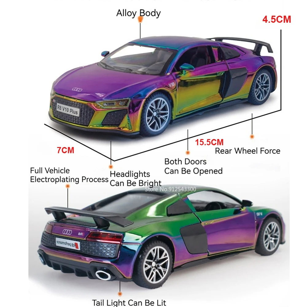1:32 R8V10 Q8 coche en miniatura de aleación de juguete Diecast Metal simulación sonido luz extraíble supercoche modelos colección regalos para niños