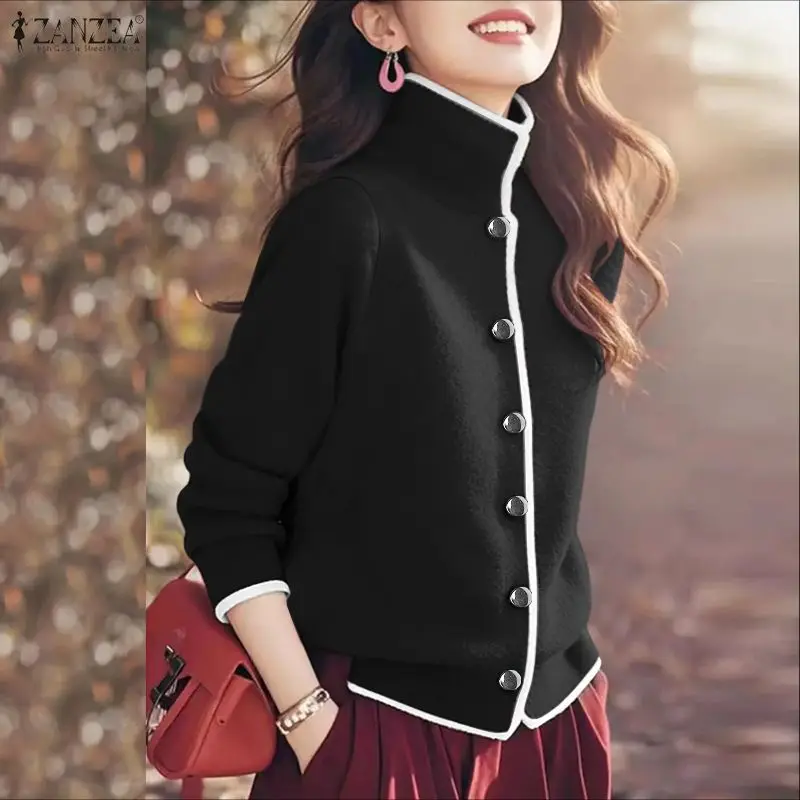 ZANZEA femmes élégant polaire tricoté Cardigans contraste-garniture col roulé à manches longues boutonné vestes automne hiver femme manteaux
