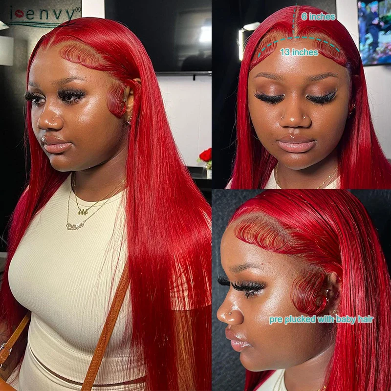 13X6 Hot Red Lace Frontal Human Hair Wigs Bone Straight 13X4 Hd Transparent Lace Front Wig Burgundy 99J Colored Lace Front Wig