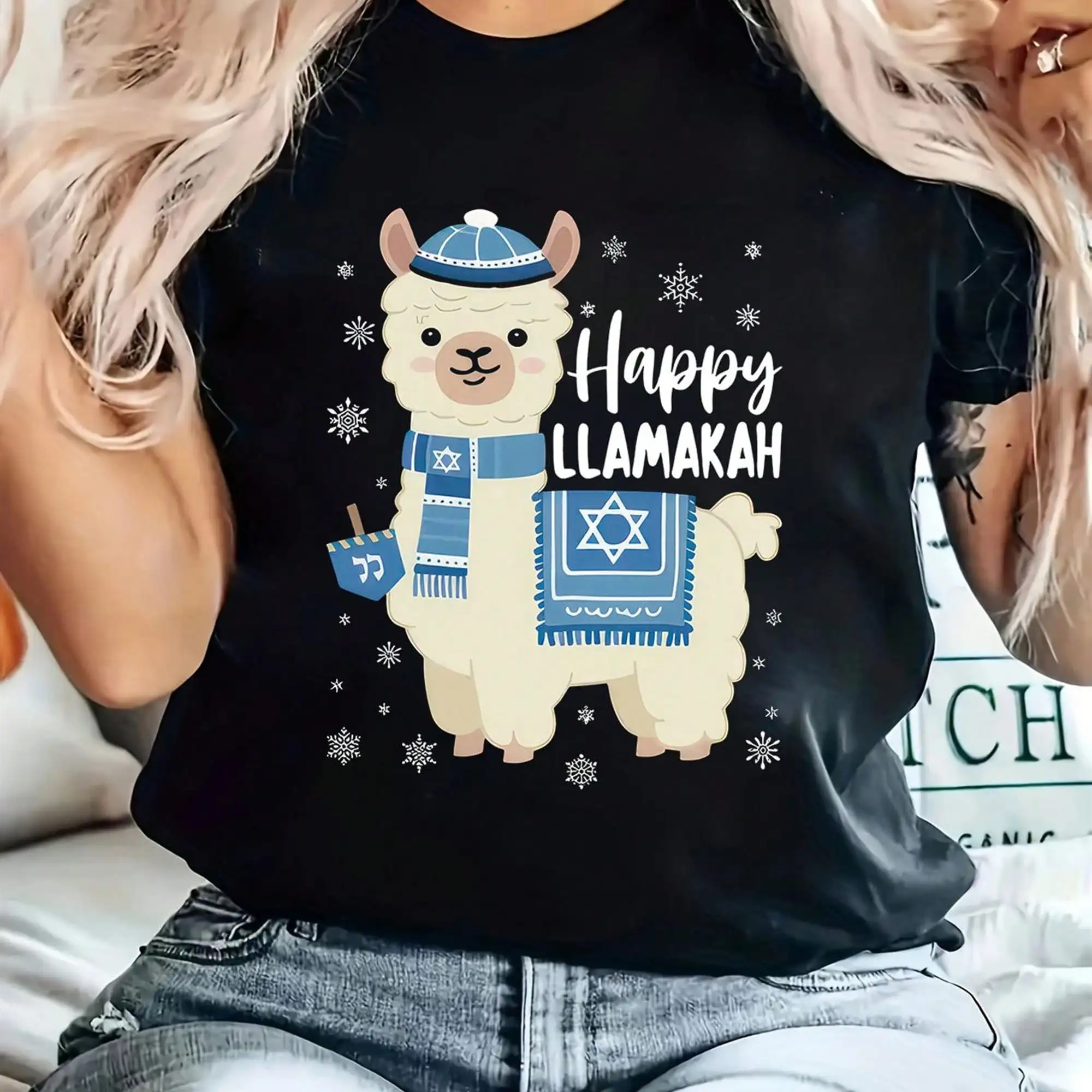 Womens Happy Llamakah Print T-Shirt - Llama & Spanish Phrase Lettering( Llama=Love, Luck, Affection, Merriment, Affection), Casual Crew Neck Short Sleeve Summer Top, Comfortable Springsummer Blouse For Festive Outfits