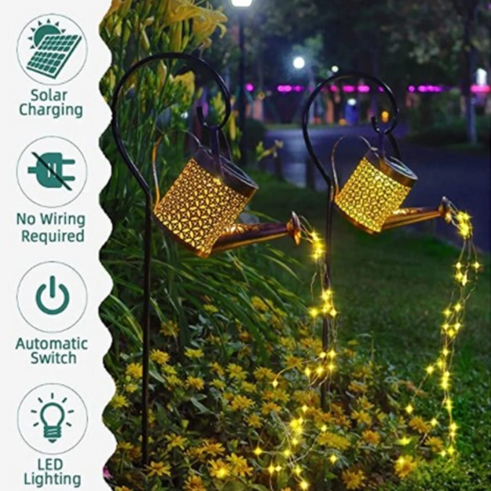 Metal Led Solar Waterfall Garden Light Waterproof Anti-rust Auto On/off Outdoor Decoration Watering Can Stake Lighting Lamp