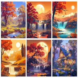 RUOPOTY 다이아몬드 그림 풍경 강 옆에서 일몰 전체 사각형/라운드 다이아몬드 자수 세트 홈 인테리어 미술 그림