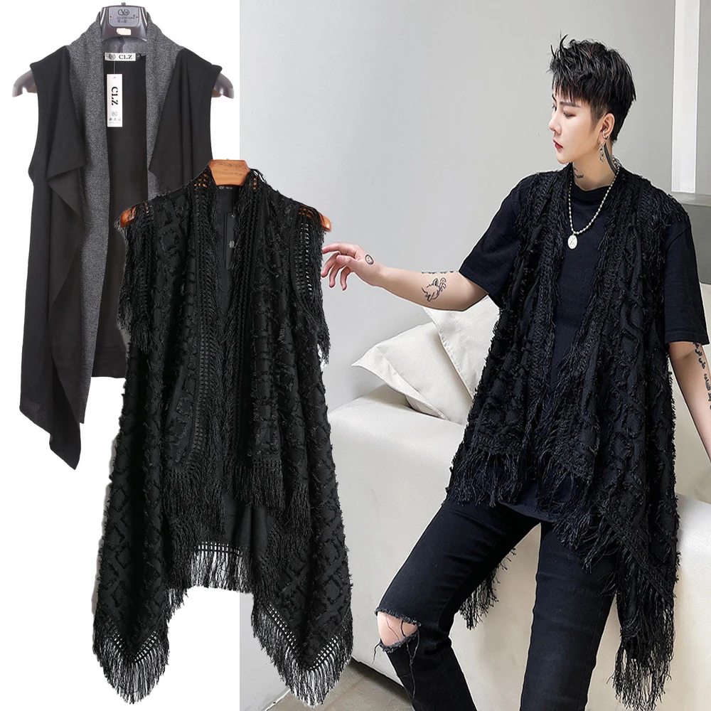 Tassel Punk Men Casual Sleeveless Hip Hop Long Vest Nightclub DJ Stage Cloak Costume Jacket Waist Coat Spring Autumn Men Fashion