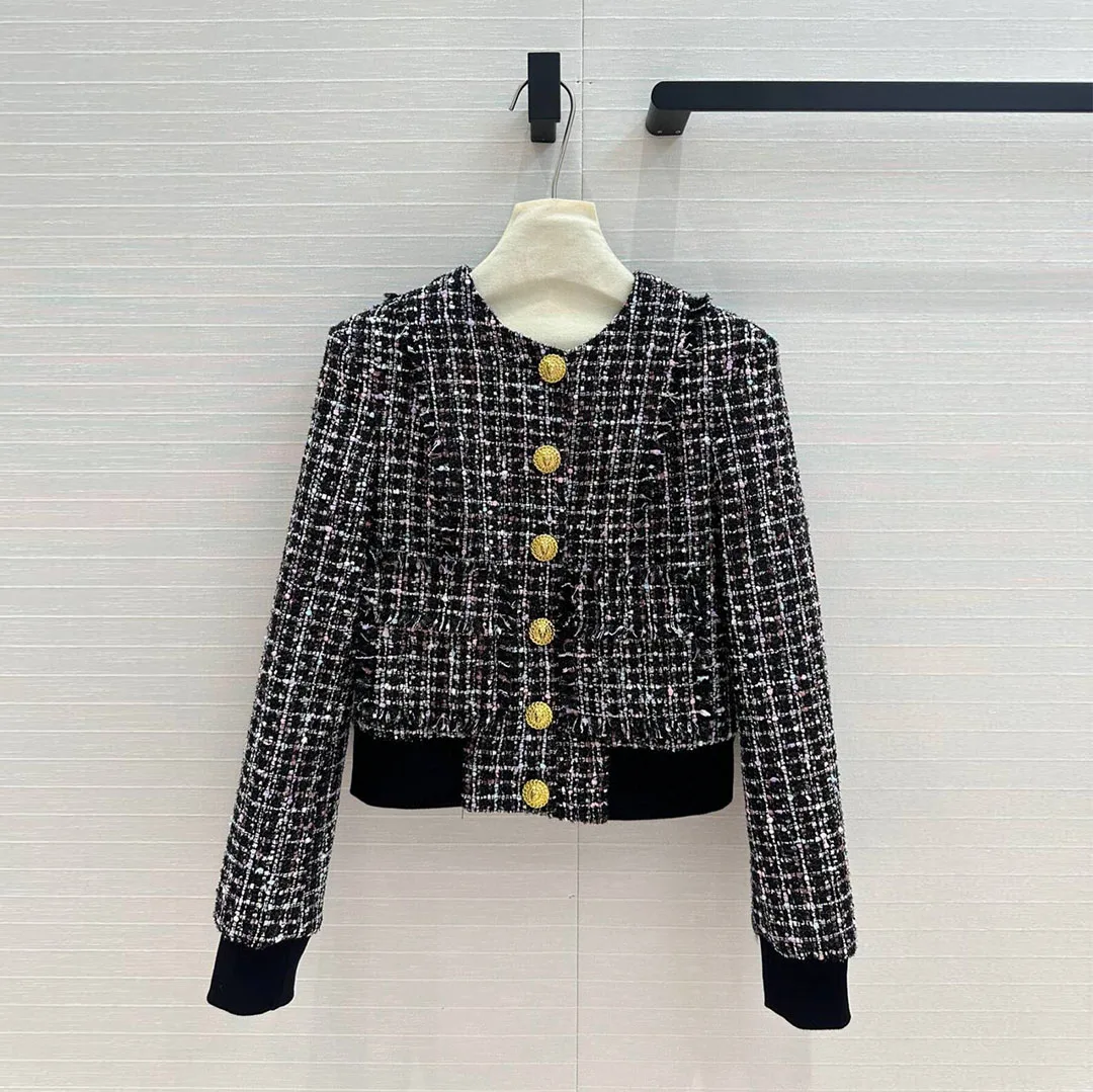 

2024 New Autumn Vintage Black Plaid Tweed Jacket Women O-neck Long Sleeve Gold Buttons Retro Short Design Coat