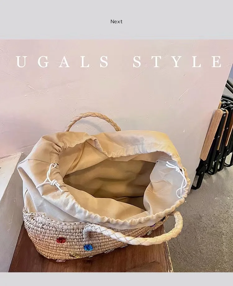 Summer Large Capacity Women's Handbag Straw Woven Handmade Bucket Bag Shiny Rhinestone Diamond Shoulder Bag Holiday Beach Bag