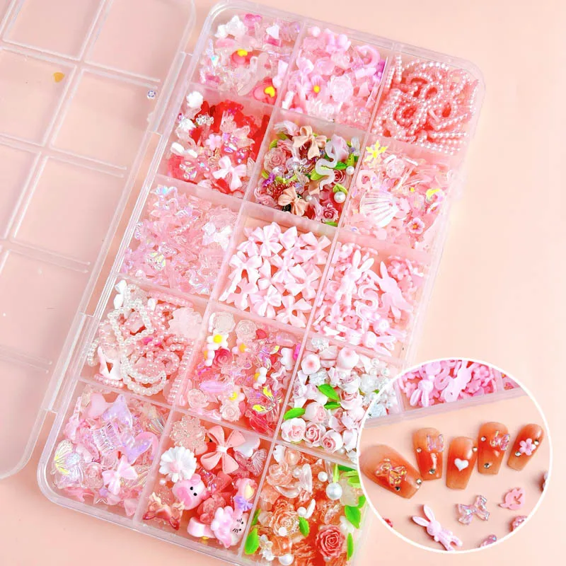 1 Box Random Mixed Resin Nail Charms Cartoon Bear butterfly Pearl Rose Lollipop Nail Art Decoration Accessories Manicure DIY