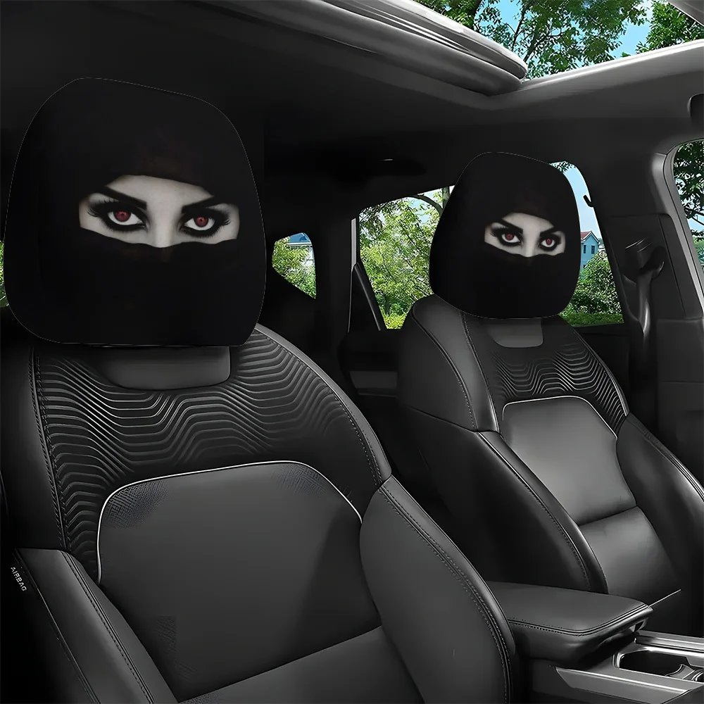 2pcs Mysterious Veil Red-Eyed Girl Printed Car Headrest Covers | Polyester, Knit Fabric, No Padding, Easy to Install and Wash