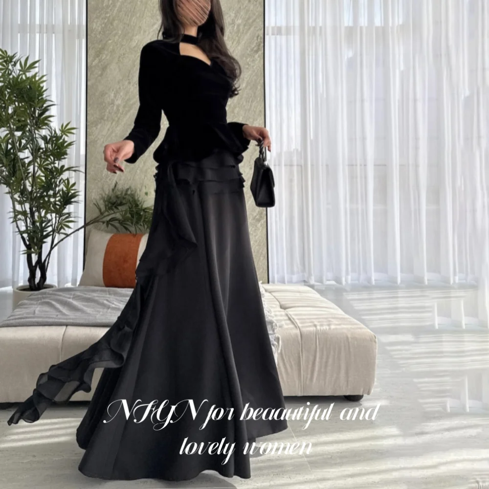 

NFYN Black Elegant Prom Gown V-Neck Long Sleeves Party Dress Satin A-Line Back Zipper Evening Dresses вечернее платье Customized